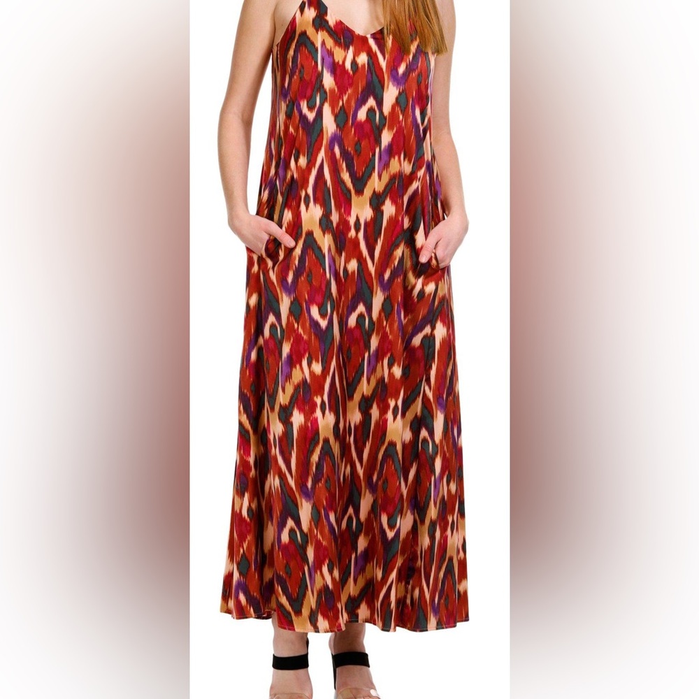 NICOLE MILLER Abstract Pink Charmeuse Slip Maxi Dress With Pockets